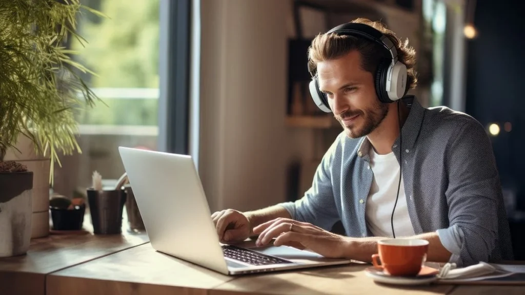 Hombre con auriculares sentado en escritorio frente a computadora portátil